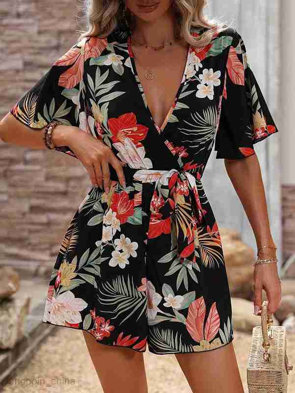 Basic Casual Dresses for Woman Beach Vacation Wind Lotus Leaf Sleeves Cross Collar Waistband Short Skirt Pants Women's Loose Printed jumpsuit Wom