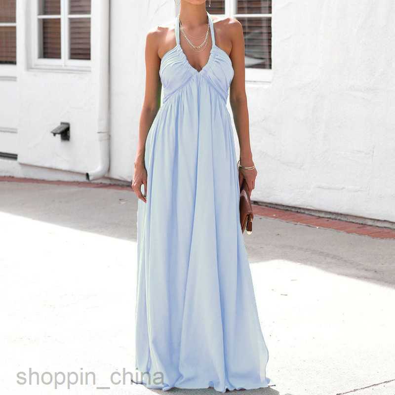 Basic Casual Dresses Women Spring/Summer Sexy Dress Solid Color Deep V-Neck Hanging Neck Sleeveless Long Dress New Women's Wear
