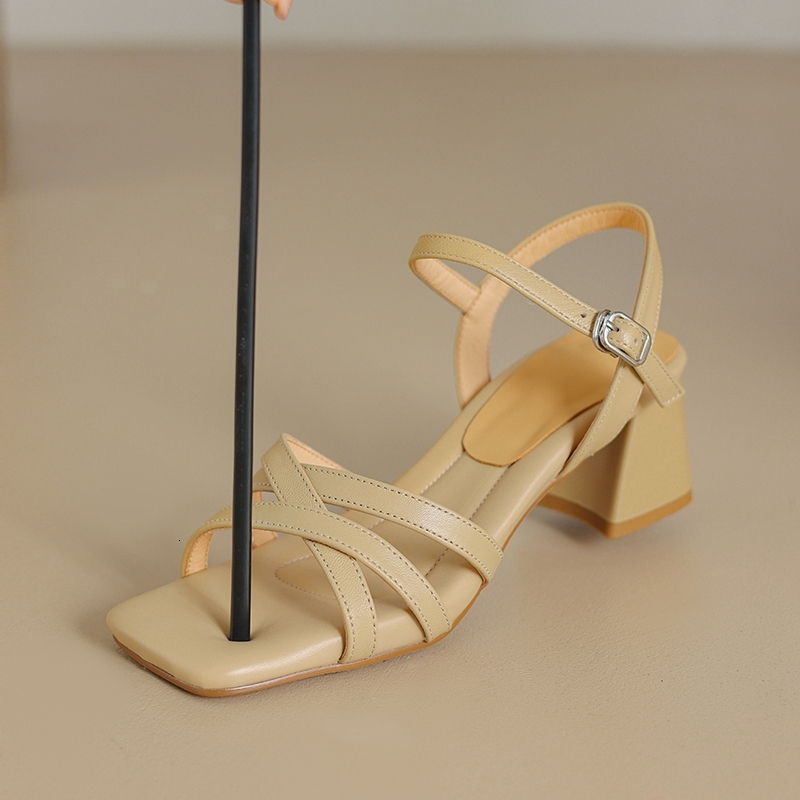 Women's New Spring And Summer Square Head Leather Sheepskin Elastic Buckle High Heel Large Open Toe Sandals