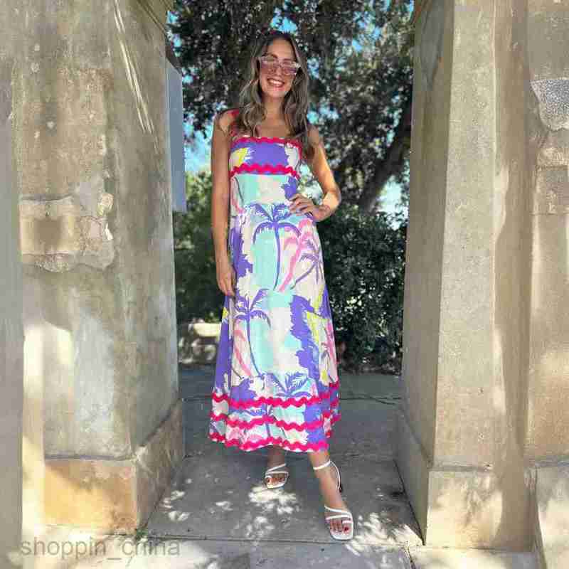 Basic Casual Dresses Women Summer New Fashionable Print Bohemian Decorative Small Fragmented Flower Wave Strap Dress