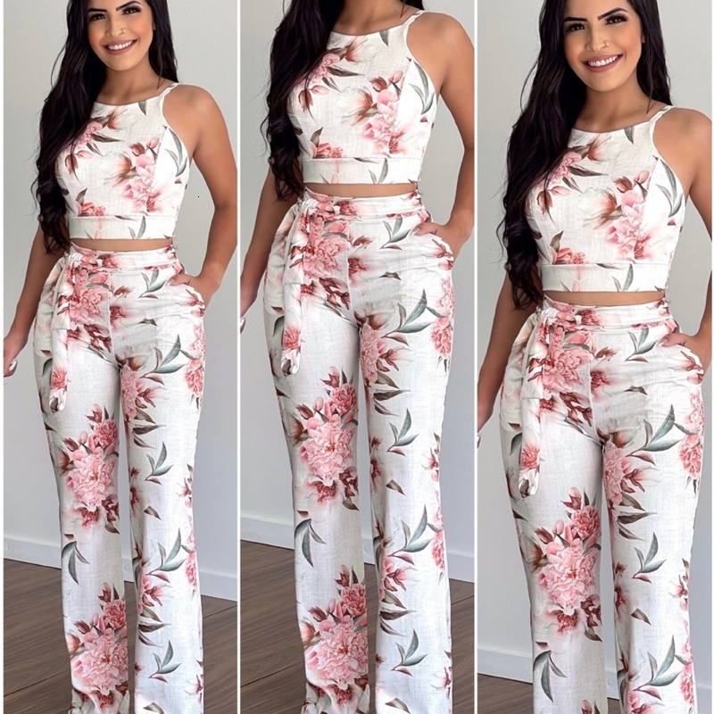 European and American womens full-frame floral tight-fitting sling top suit trousers woman cloth female two pieces set pants 240530