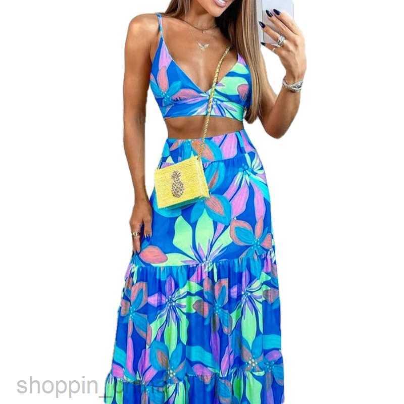 Basic Casual Dresses for Woman Women's Summer Elegant Commuting Elegance Printed V-neck Strap Printed Set