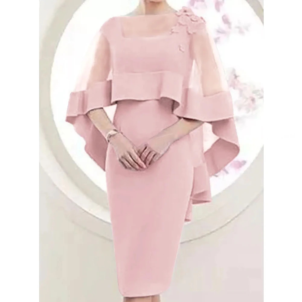 Pink Sheath Knee Lengh Mother Of The Bride Dresses With Short Wrap 2024 Elegant Satin Wedding Guest Dress Women Evening Formal Gown