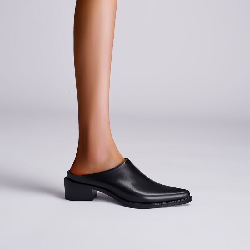 Kaky's New Pointed Cow Tied Leather Thick Medium Heel Large Women's Wrapped Half Slippers, Muller Shoes