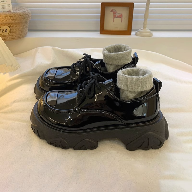 Black Platform Sole Heightened Big Toe Lace-up Small Leather Shoes Women's Fall 2023 New Versatile British Style Retro Single Shoes Black gloss