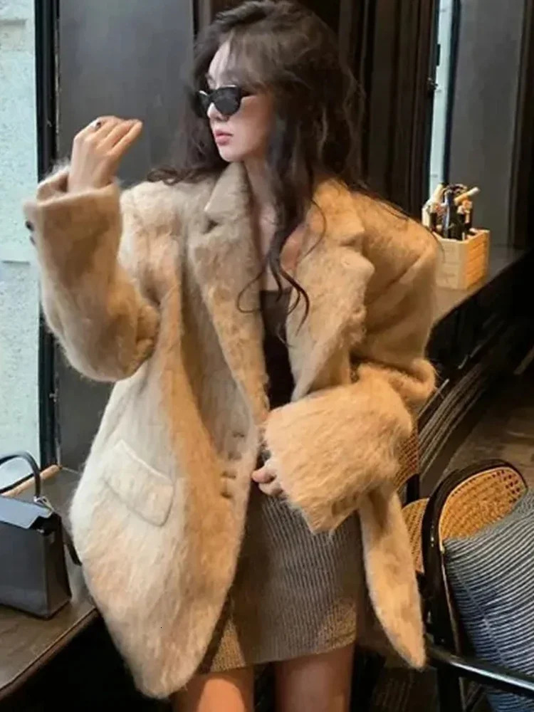 Fashion Lapel Woolen Plush Long Sleeve Coats Stylish Fur Blazer Solid Jacket For Women New Casual Office Ladies Pockets Outwear F7.1#96