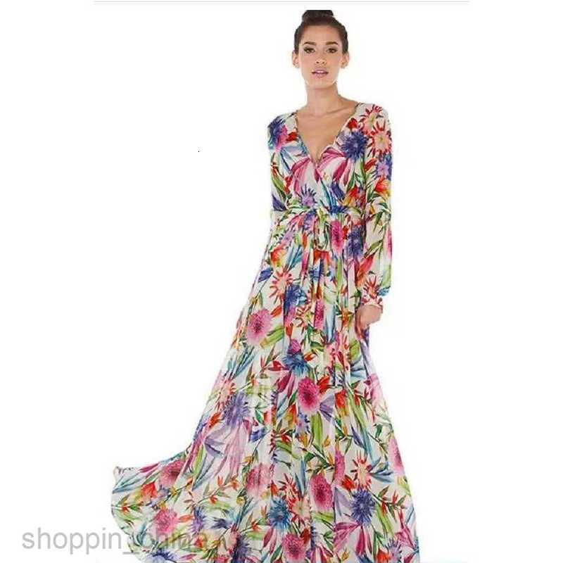 Casual Dresses for Woman Spring/Summer New Women's Wear Beauty Dress Lantern Sleeves Printed Sexy V-neck Leaf Flare Skirt