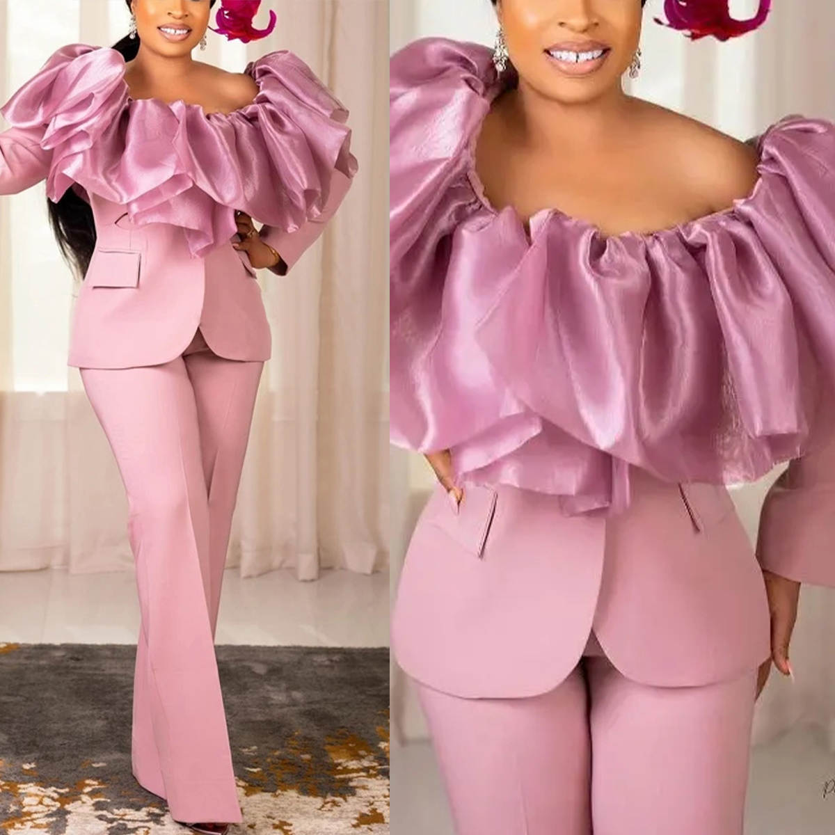 Unique Design Women Pants Suits Flowers Ruffles Ladies Loose Party Prom Jacket Coat Tailored Guest Wear 2 Pieces