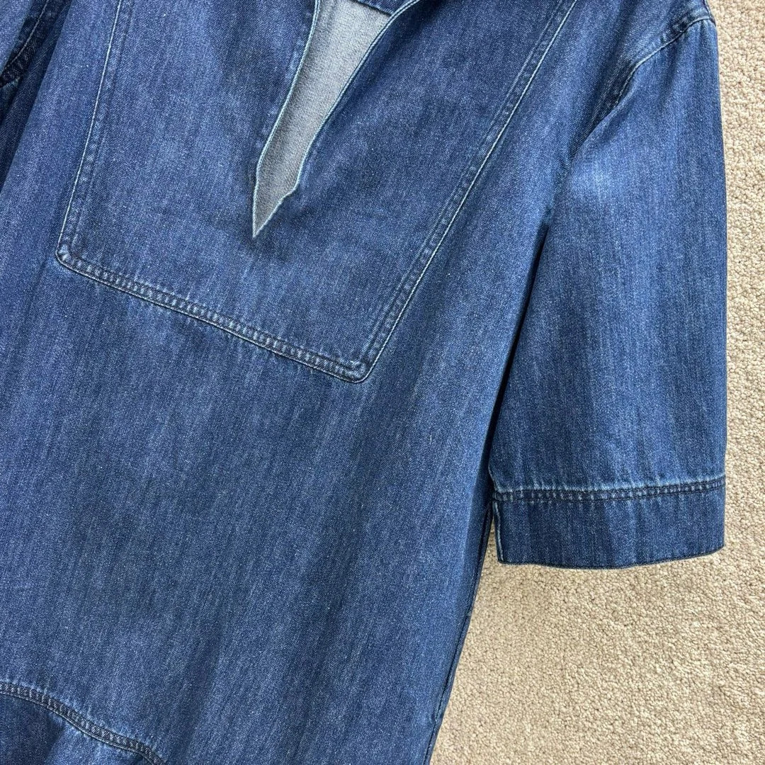 Summer Short sleeved Denim Dress Pleated V-neck Flip Collar Fashionable Slimming Years Versatile Womens Dress 240701