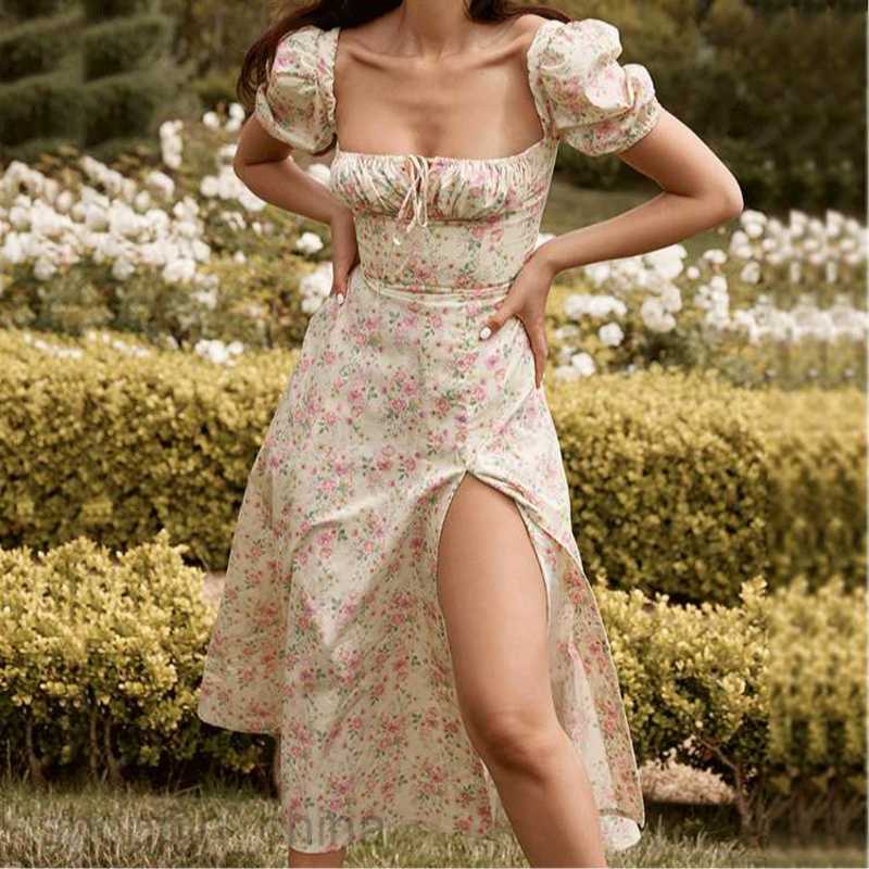 Basic Casual Dresses for Woman Summer New Women's Fashion Floral Skirt Ladies Split Large hem Hanging Strap Dress Women