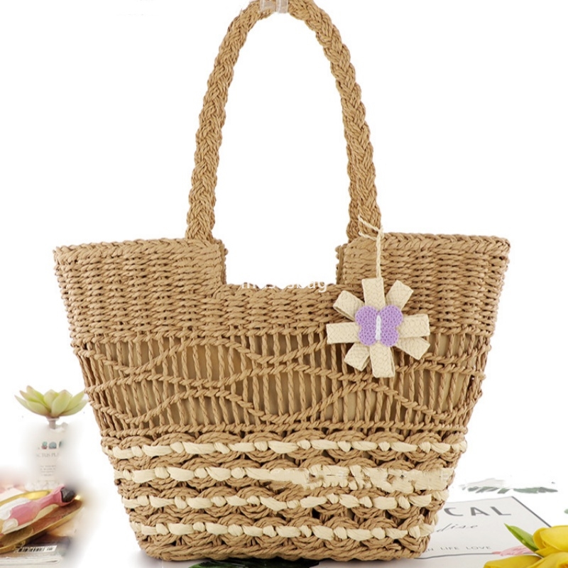 Fashionable Women's High end New Butterfly Flower Pendant Paper Rope Woven Bag Practical Large Capacity One Shoulder Grass Woven Bag Leisure Bag 