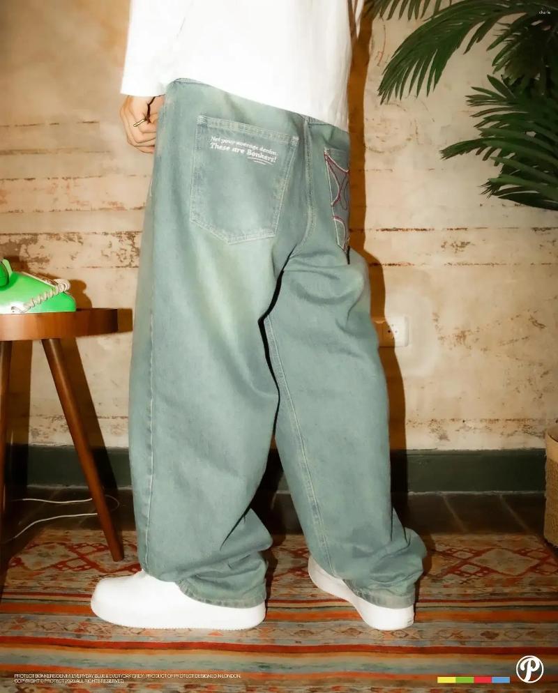Mens Jeans Y2K PROTECT Letter Embroidery Washed Blue Baggy Men And Women Retro Harajuku Hip-Hop High Waist Wide Leg Trouser