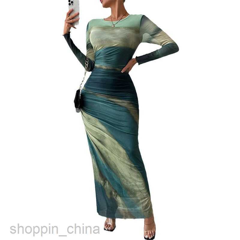 Basic Casual Dresses for Woman Women's dress, women's commuting tie dye, pleated, slim fit round neck, long sleeved dress, summer women'