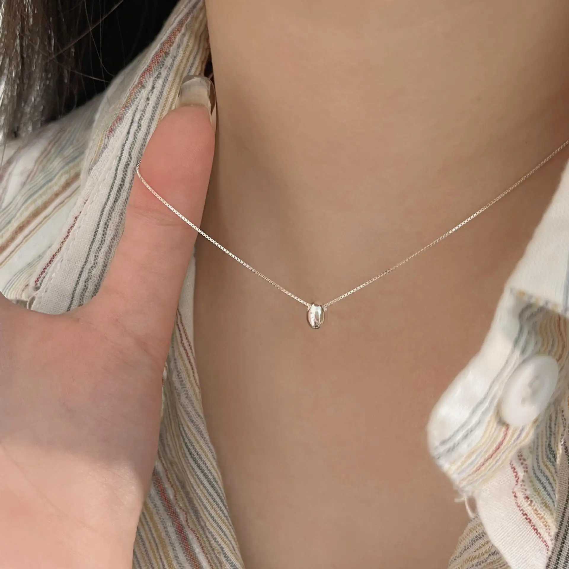 Pendant Necklaces Korean 925 Sterling Silver Geometric Oval Mini Pendant Necklace for Women Girl Exquisite Cute Party Jewelry