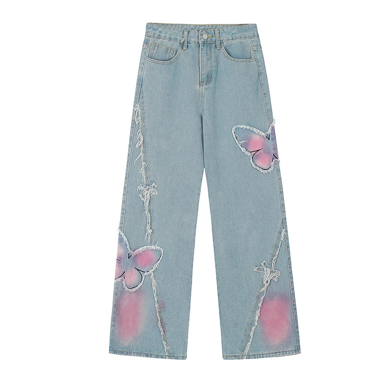 Blue Women Jeans High Street Vintage Straight Pants Streetwear Y2K Embroidery American Fashion Female Wide Leg Denim Trouser F7.1#53
