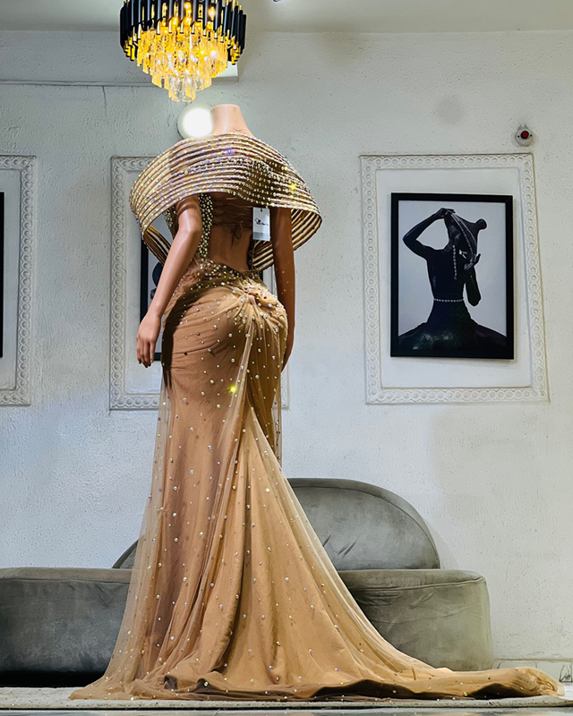 2024 Aso Ebi Champagne Prom Dresses for Black Women Mermaid Promdress Illusion Evening Dresses Elegant Rhinestones Decorated Tulle Gala Engagement Gow