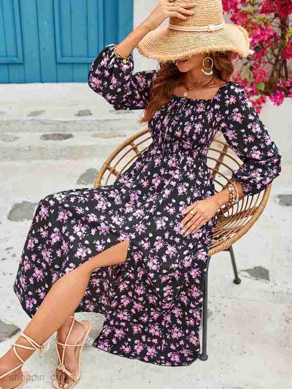 Basic Casual Dresses for Woman Spring/Summer New Romantic and Elegant Women's Dress Square Neck Tie Long Sleeve Split Flower Dress Long Dress