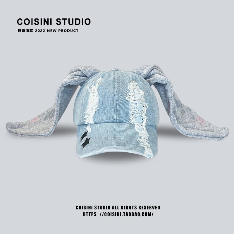 Niche Y2k Rabbit Ears Denim Ripped Baseball Cap Men and Women Dark Personality Metal Ring Street Trend Adjustable Sports Hat 240626