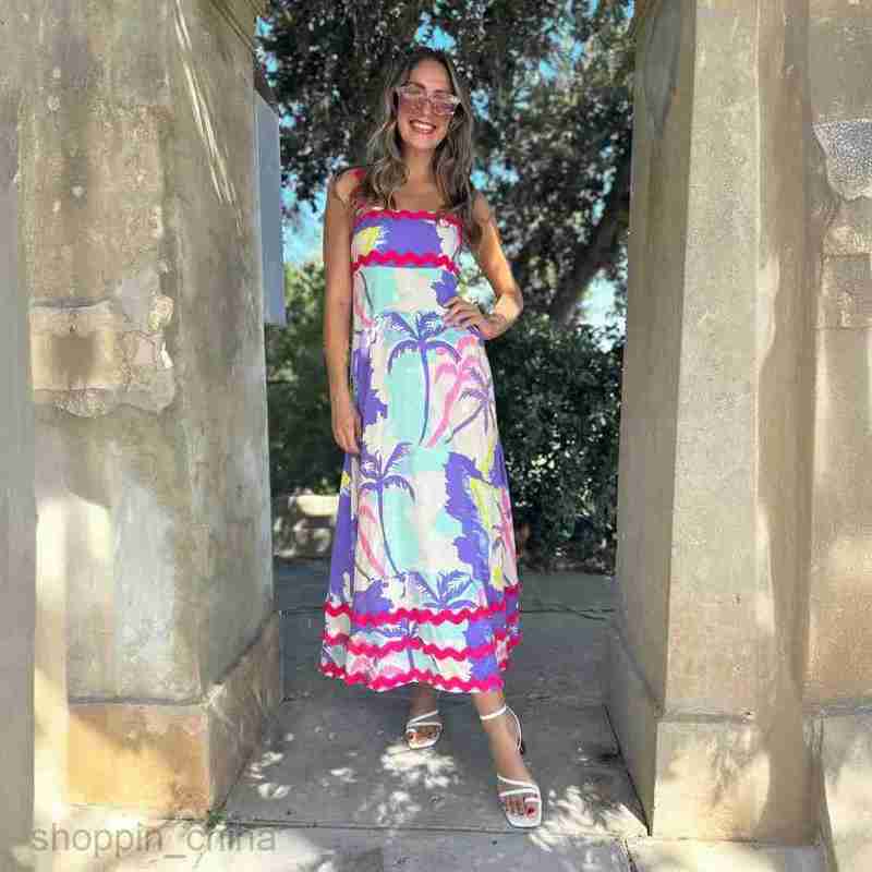 Basic Casual Dresses Women Summer New Fashionable Print Bohemian Decorative Small Fragmented Flower Wave Strap Dress