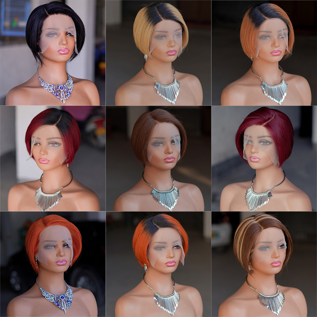 T Shaped Lace Wig Real Human Hair Cut Popular Hairstyles for European and American Women Pixie Cut Wigs Multiple Colors Available for Clearance