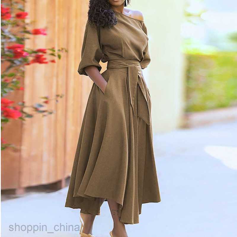 Basic Casual Dresses for Woman Summer Women's Oblique Shoulder Collar Tie Up Waist Style Solid Color Flare Dress