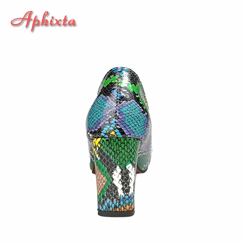 Aphixta Snake Prints 7cm Square Heels Pumps Women Shoes Crystal Pearl Sunflower Buckle Party Leisure Big Szie 35-46 240629
