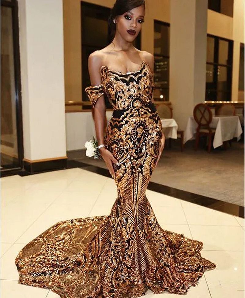 Sparkly Sequined Mermaid Prom Dresses Dark Gold Long Reception Dress Off The Shoulder African Neigria Evening Formal Gowns Custom Made
