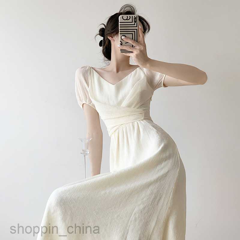 Basic Casual Dresses Women High end V-neck chiffon short sleeved long skirt new apricot summer temperament waist closing dress with pear shaped figure