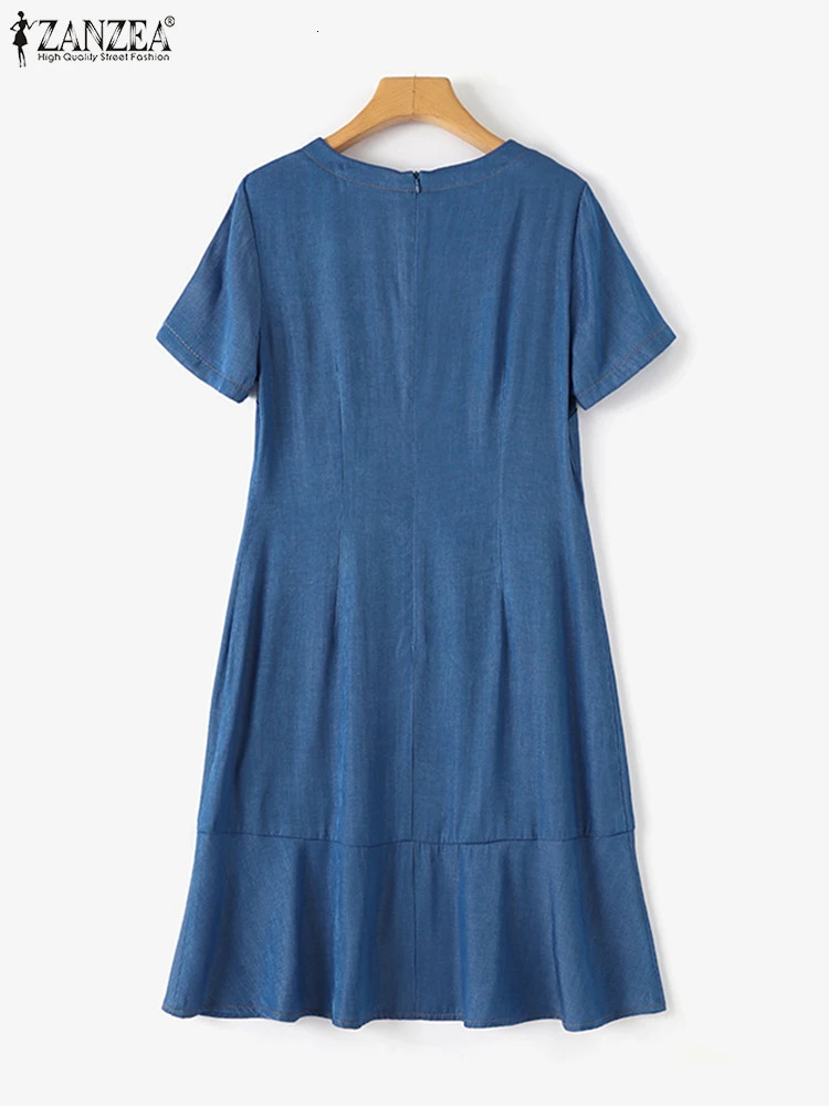 ZANZEA Summer Fashion Denim Blue Dress Short Sleeve O-Neck Dresses Vintage Party Vestidos Female Elegant Knee Length Robe 240701