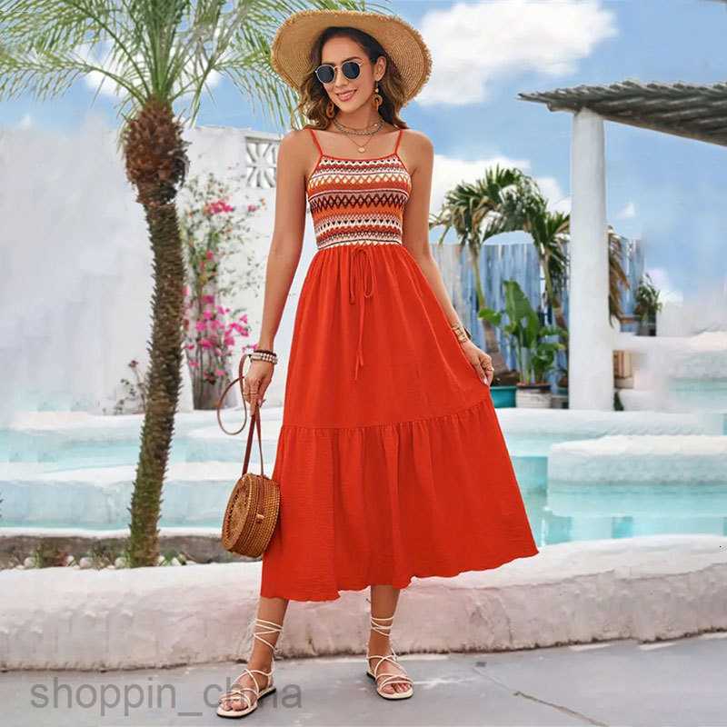 Basic Casual Dresses for Woman Elastic mid length skirt with suspender, elastic waist pleated patchwork sleeveless dress, spring/summer women's d