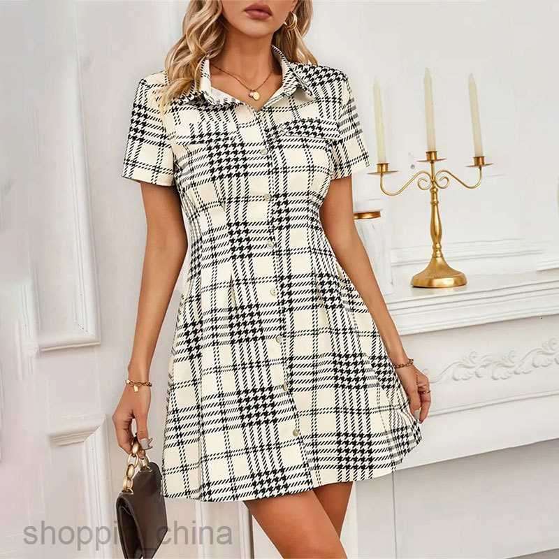Basic Casual Dresses for Woman Printed shirt skirt, short sleeved waistband, thousand bird plaid short skirt dress, spring/summer women's feeling