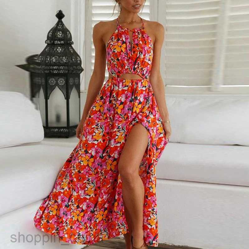 Basic Casual Dresses Women Summer Women's Wear Neck Hanging Red Print Sexy Back Waist Large Swing Beach Dress