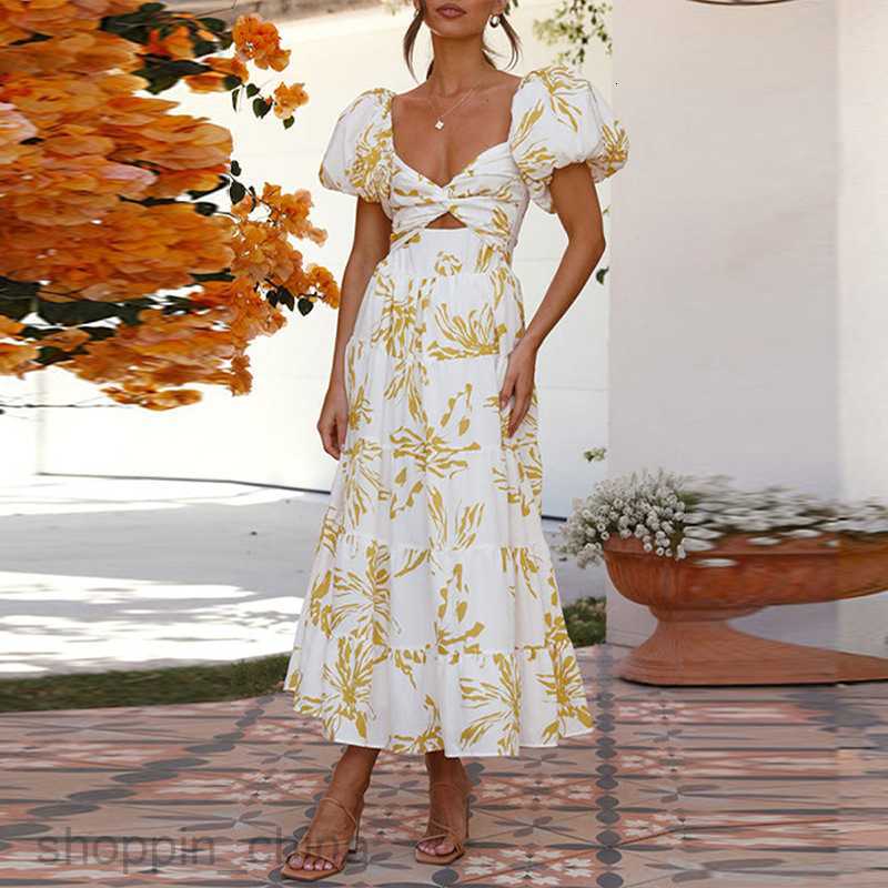 Basic Casual Dresses for Woman Summer New Women's Sweet and Elegant Flower Hollow Shoulder Printed Dress