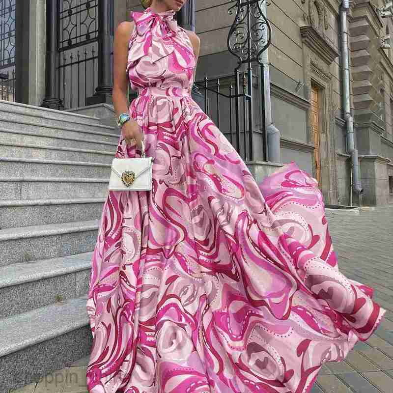 Basic Casual Dresses Women Spring/Summer New Women's Long Skirt Chiffon Sling Blue High Waist Temperament Printed Dress