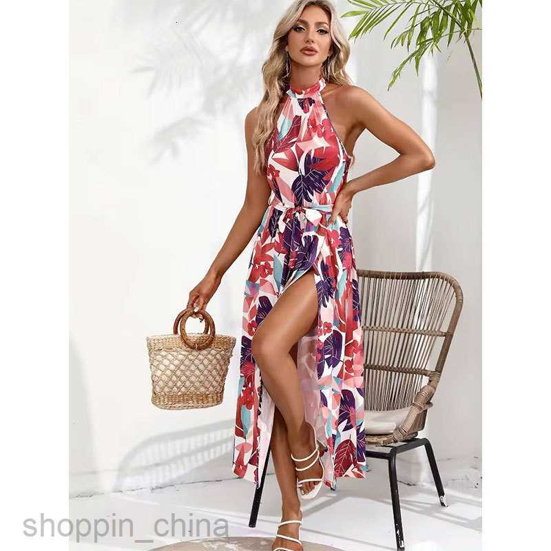 Basic Casual Dresses for Woman Spring/Summer Women's High end Romantic Holiday Print Hanging Neck Split Long Dress Spring Women's Mid length