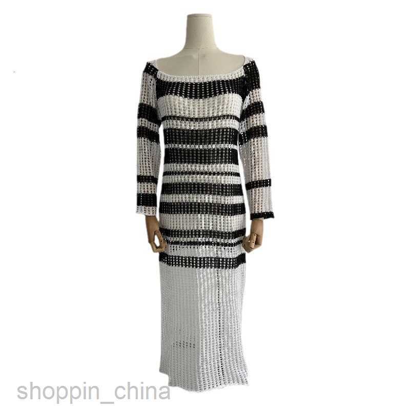 Basic Casual Dresses Women Spring/Summer Beach Skirt Long sleeved Black and White Stripe Hollow Sun Protection Cover Top Sexy U-neck Knitted Holiday D
