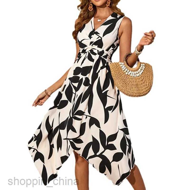 Basic Casual Dresses for Woman Long sleeveless midi skirt, leaf print, twisted irregular dress, spring/summer women's design sense