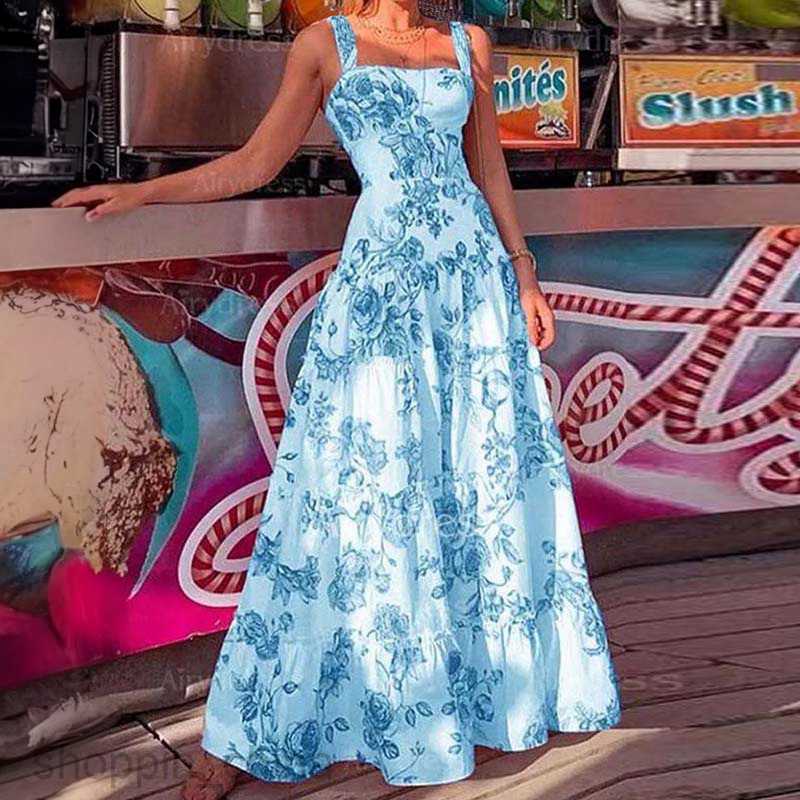 Basic Casual Dresses for Woman Summer Dress New Style Plant Printed Long Hem Waist Suspended Dress