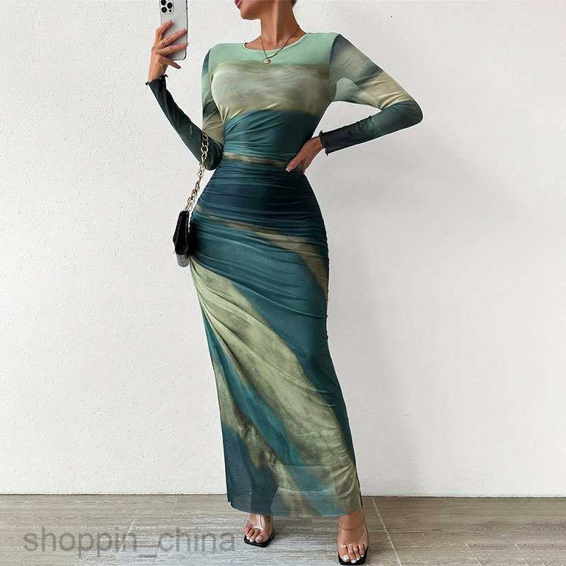 Basic Casual Dresses for Woman Women's dress, women's commuting tie dye, pleated, slim fit round neck, long sleeved dress, summer women'