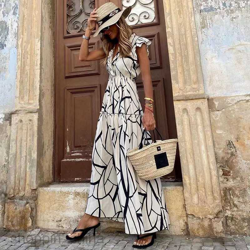 Basic Casual Dresses Women Spring/Summer New Dress Geometric Print V-Neck Ruffle Edge Large Swing Long Dress