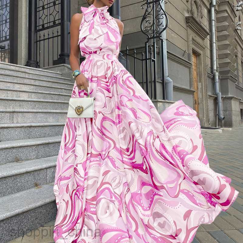 Basic Casual Dresses Women Spring/Summer New Women's Long Skirt Chiffon Sling Blue High Waist Temperament Printed Dress