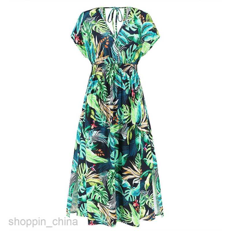 Basic Casual Dresses Women Fashionable bat sleeve V-neck strapless dress summer women's printed long skirt