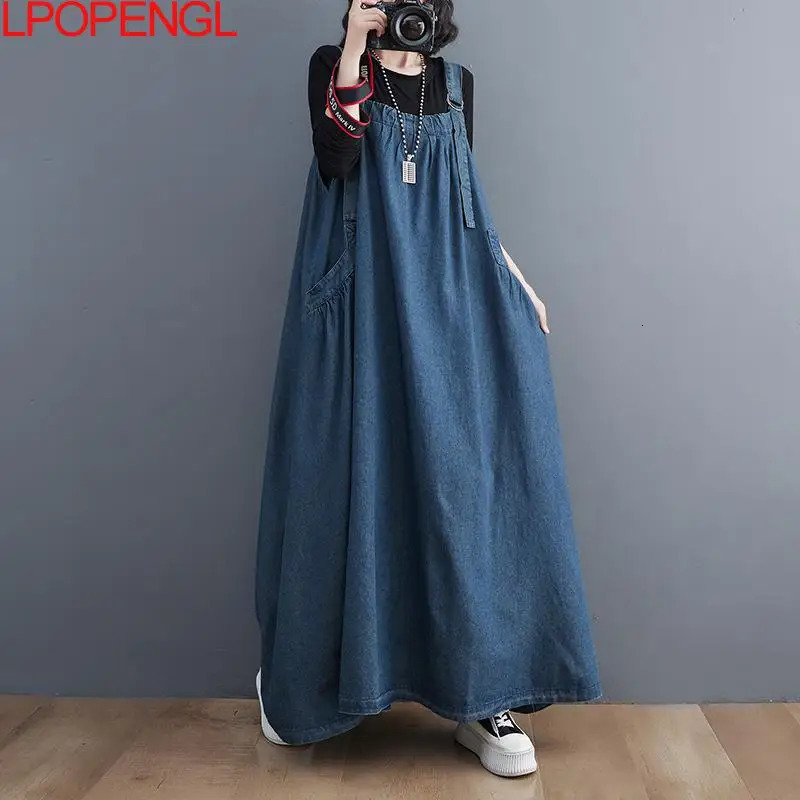Woman Spring Autumn Denim Spaghetti Strap Sleeveless Temperament Dress Female Oversized Ankle-length Straight Pullover Dress 240701