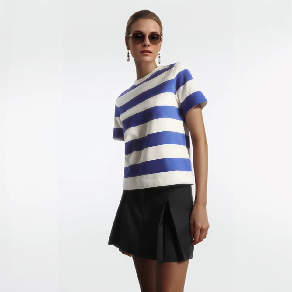 Cos Lris Womens Summer Casual Commuting Standard Fit Wide Striped Round Neck T-Shirt Top 0960679078 240701