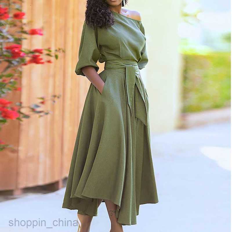 Basic Casual Dresses for Woman Summer Women's Oblique Shoulder Collar Tie Up Waist Style Solid Color Flare Dress