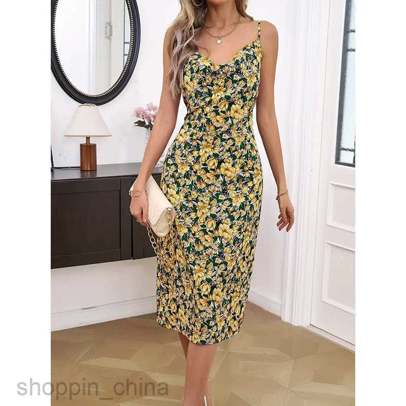 Basic Casual Dresses for Woman Women's Summer New Elegant Hanging Neckline Small Fragmented Flower Sling Dress Printed Sling Dress Long Dress