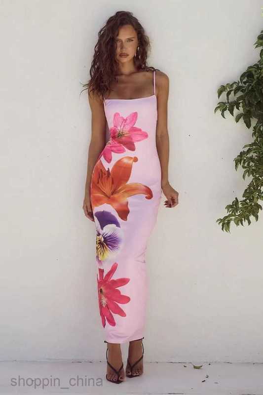 Basic Casual Dresses Women Summer new print camisole slit slim fit dress