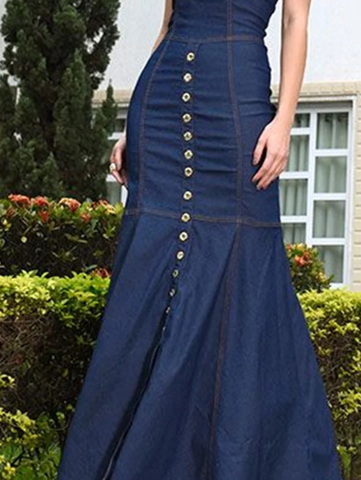 Women Denim Bodycon Dress Cut Out Short Sleeve Round Neck Button Mermaid Dress Casual Vintage Slim Elegant Jeans Dresses 240701