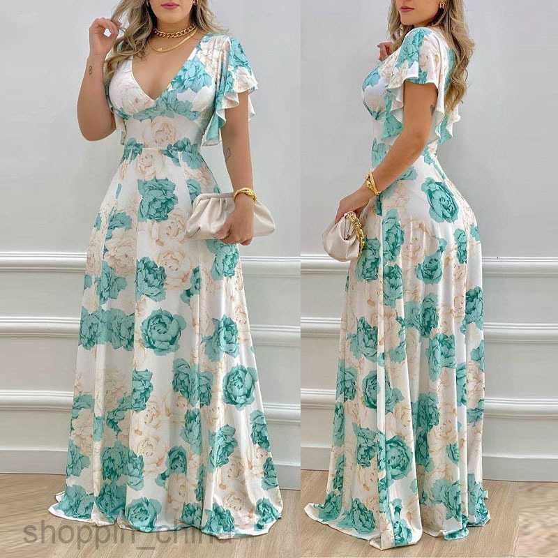 Basic Casual Dresses Women new women's summer floral commuting V-neck waist cinching printed large hem dress