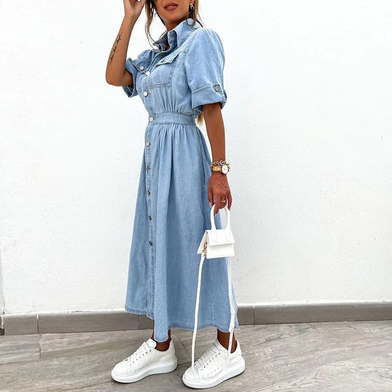 Elegant Lapel Short Sleeve Denim Dress Casual Single-breasted Pocket Long Dress Summer High Waist Temperament Commute Dress 240701